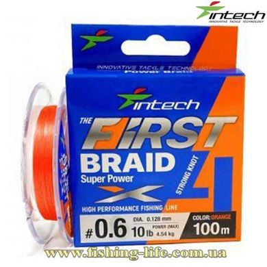 Шнур Intech First Braid X4 Orange 100м. (#0.6 max 10lb 0.128мм. 4.54кг.) FS0641987 фото